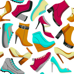 Shoes Seamless Pattern. Colorful Shoes in Cartoon Style for Prints Banners and Fliers of Shops. Vector Illustration
