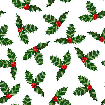 Holly Pattern. Colorful Christmas Background in Cartoon Style for Banners and Cards. Vector Illustration