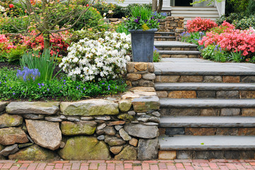 Beautiful Stone Wall And Steps, Colorful Garden, Curb Appeal