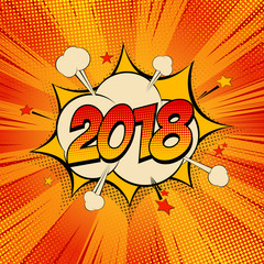 Happy New Year pop art comic background lightning blast halftone dots. 