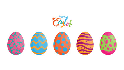 Easter eggs different texture with colorful happy easter text, vector illustration