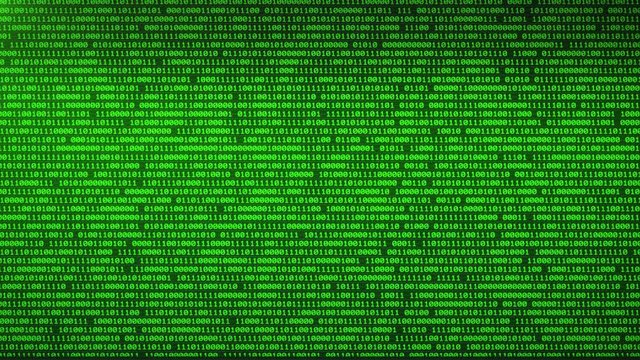 Digital technologies Blue Binary code random numbers glowing on a black background.