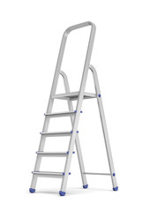 3d rendering of a metal builder's step ladder with blue fittings in side view on a white background.