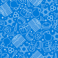 Naklejka premium Happy Hanukkah celebration seamless pattern with holiday objects