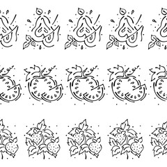 Vector set, fruits seamless pattern. Decorative border. Watermelon, strawberry, pear with leaves, decorative elements, Hand drawn contour lines and strokes Graphic illustration
