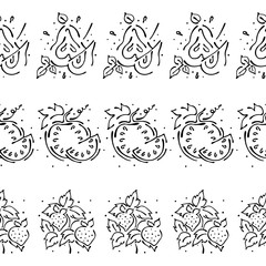 Vector set, fruits seamless pattern. Decorative border. Watermelon, strawberry, pear with leaves, decorative elements, Hand drawn contour lines and strokes Graphic illustration