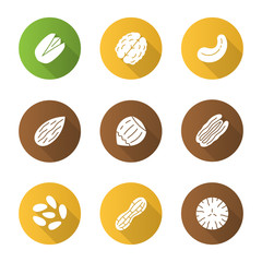Nuts flat design long shadow glyph icons set