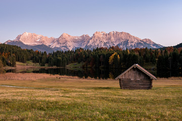 Hut on sunset at the Geroldsee