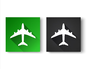 Black and green flat icons with airplane isolated on white background, travel and holiday symbol, modern design for your application