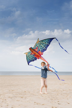 Boy flying dragon kite on the beach
