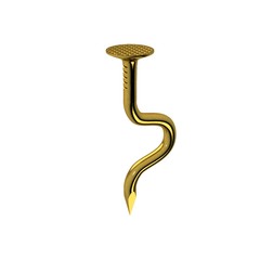 Golden nail. Bent form. Isolated on white background. 3D rendering illustration.
