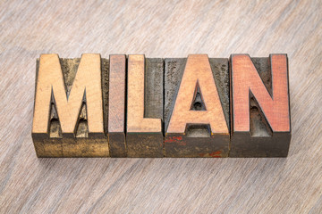 Milan word abstract in wood type