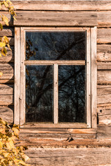 A dark window in a log house and a tree branch with leaves