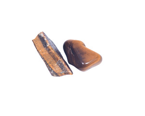 Golden tiger eye chunk and polished stone, isolated on white background