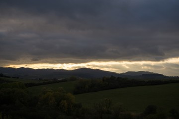 Sunrise and sunset over the hills and town. Slovakia