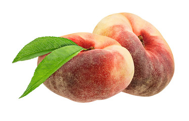 Three chinese flat donut peaches with leaf isolated on white with clipping path
