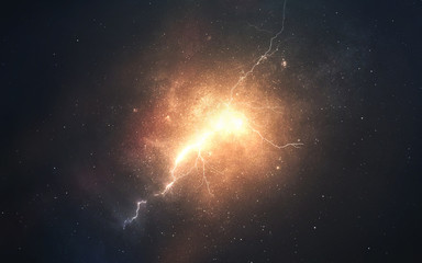 Abstract cosmic background with burning plasma splashes. Deep space image, science fiction fantasy...