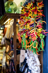 Fototapeta na wymiar Shop with chilli peppers. Stores of Mallorca. Spicy.