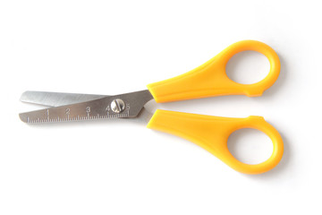 Stationery scissors with ruler on blade on white background 