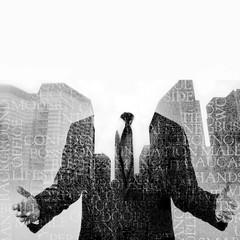Double exposure concept  businessman with writing