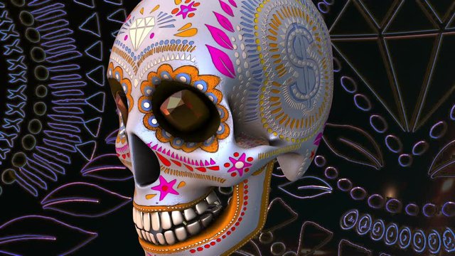 Seamless animation of mexican sugar skulls. Halloween 4K background.