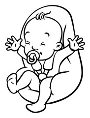 Funny small baby with dummy in the car seat