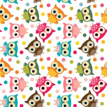 Cute colorful bird seamless pattern with owls and dots for kids stationery designs and clothing