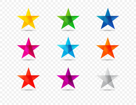 Stars colored shape icons isolated on transparent background. Colorful vector star icons on transparent background for christmas card or celebration greeting template