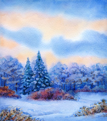 Watercolor background with quiet sunset over winter forest
