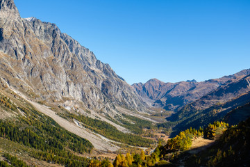 Obraz premium View of mountain peaks, valleys and pine tree forests in Val Ferret, Aosta Valley, Italy