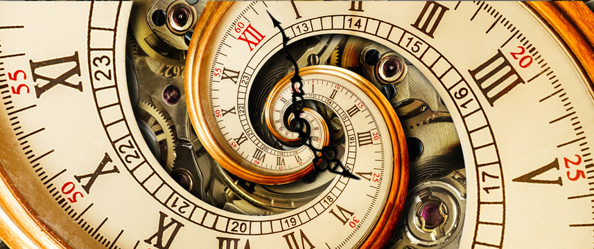 Fototapeta Antykwarska stara zegarowa abstrakcjonistyczna fractal spirala. Oglądaj klasyczny zegar mechanizm niezwykły streszczenie tekstura fraktalna wzór tła. Old fashion clock rzymskie cyfry arabskie wskazówki zegara Streszczenie efekt spirali