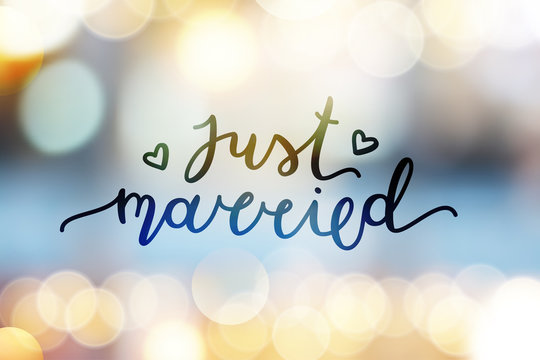 just married lettering, vector card with handwritten text