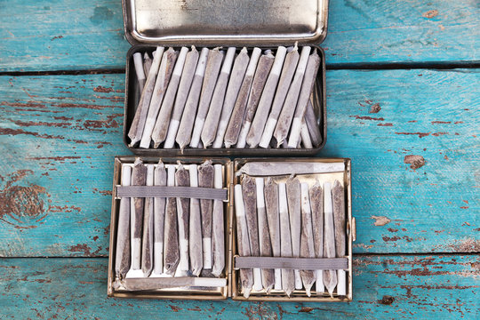 Tin Box  & Cigarette Case Full of Marijuana Joints