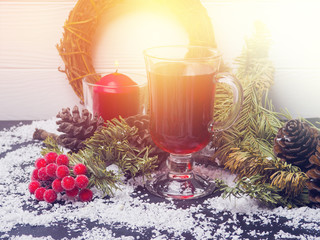 Fototapeta na wymiar Christmas mulled wine, with oranges and spices, Still life, food and drink, seasonal and holidays concept.