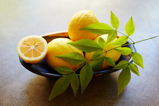 Still life of fresh meyer lemons in bowl