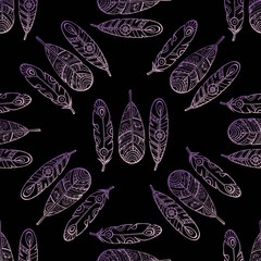 Feathers Boho Seamless Pattern. Tribal Ethnic Background Texture. Clothing Design, Wallpaper, Wrapping. Indian Ornament. Vector illustration.