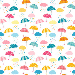 Cute and colorful vector umbrella seamless pattern with clouds and rain for kids clothing and paper products