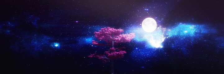 Naklejka na ściany i meble Night sky abstract background with tree silhouette 