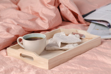 breakfast time in bed and free place and milk and bread and home interior