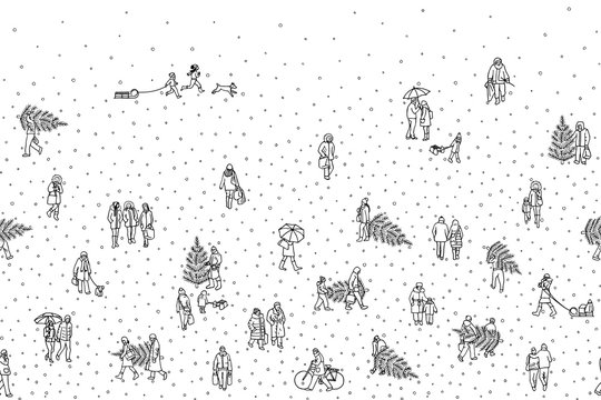 Hand drawn illustration of tiny pedestrians walking in winter through the city: small people wearing warm winter coats and carrying Christmas trees. Seamless banner, can be tiled horizontally