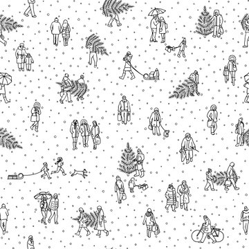 Seamless pattern of tiny pedestrians walking in winter through the city: small people wearing warm winter coats and carrying Christmas trees, in black and white