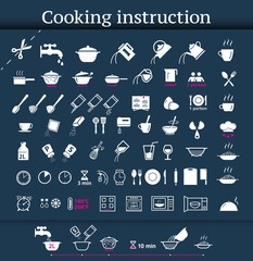Set of sign for cooking and preparation instructions. Vector elements on dark background. Ready for your design.