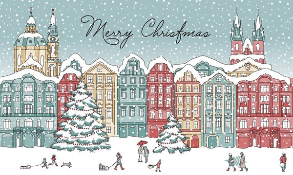 Hand drawn illustration of a city in winter at Christmas time, with small people, cathedral and Christmas trees
