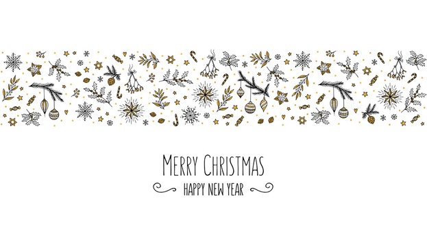 Christmas card template with a banner of hand drawn floral elements in black, white, gold