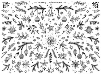 Hand sketched floral design elements for Christmas: pine tree branches, holly, mistletoe and other floral ornaments for text decoration - 178005008