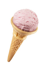 Strawberry ice cream in cone on white background
