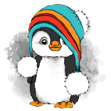 a cartoon penguin in a hat. Character for Christmas and New Year's design. Vector illustration
