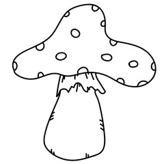 Cartoon amanita mushroom isolated for prints, posters, design, clothes. Hand drawn graphic sketch with fly-agaric. Cap in polka dot. Black, white colors.