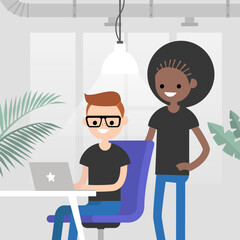 Teamwork. Office routine life. Colleagues discussing a project. Senior manager supervising a junior manager. Modern loft office interior. Flat vector characters. Millennials at work, illustration.