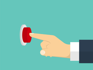 Hand pressing the button. Flat design style. Vector illustration